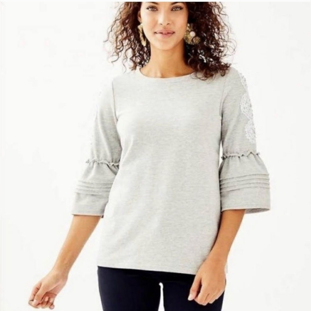 Lilly Pulitzer Light Gray Lace-Sleeve Bell Sleeve Top